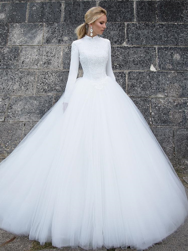 Tulle Ball Gown High Collar Long Sleeves Wedding Dresses Wedding Gown